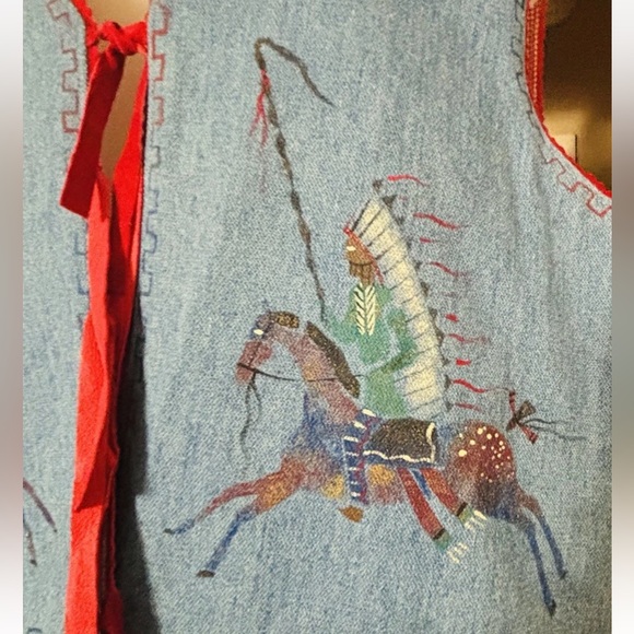 VTG Patricia Wolf Denim Vest Size M Red Gingham Hand Painted American Indian - Picture 5 of 10